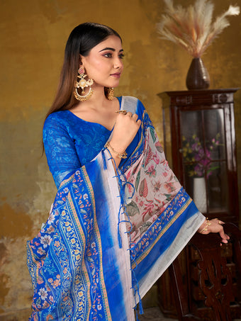 Premium Digital Print Saree with Royal Blue Pallu