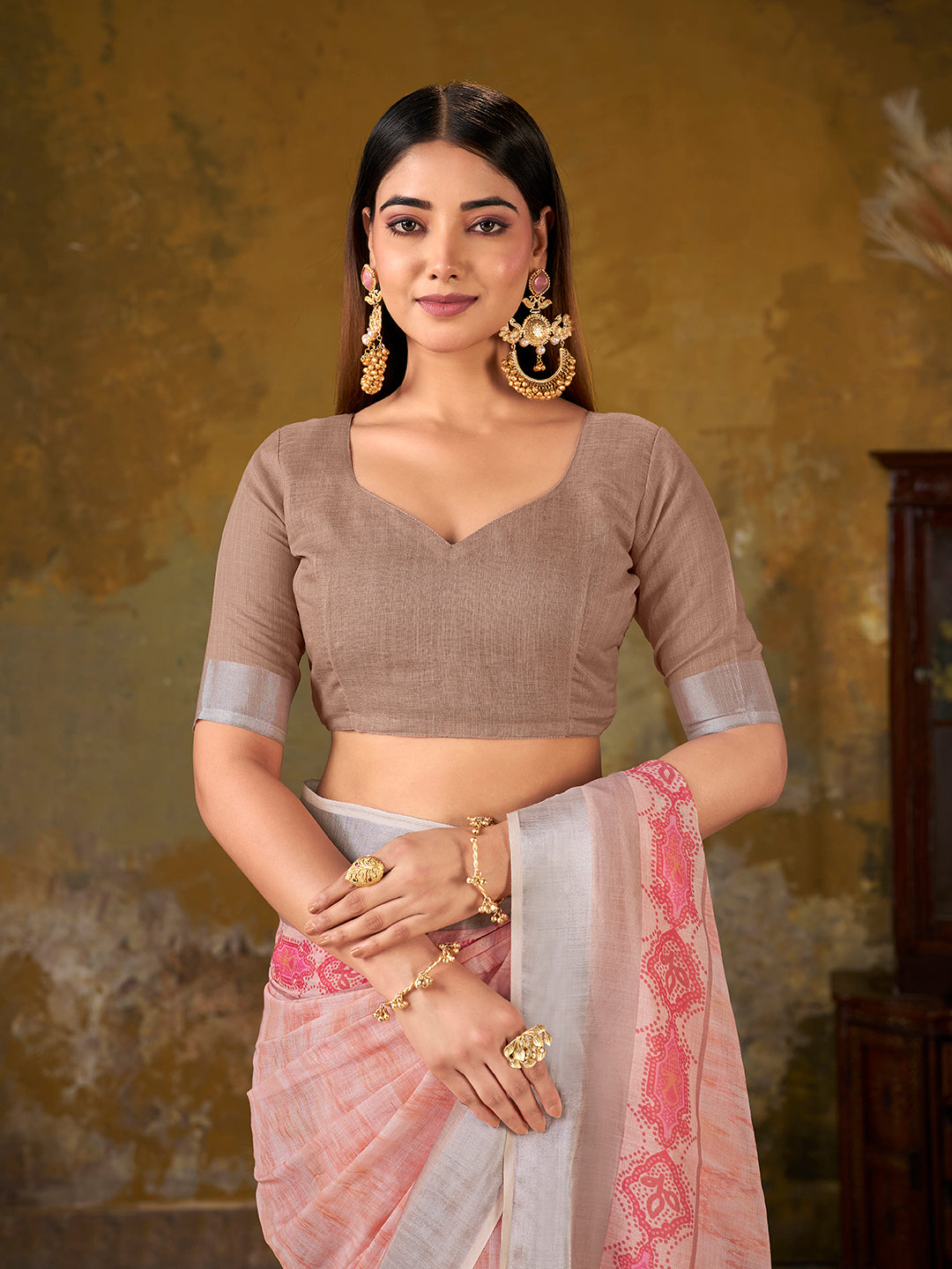 Premium Digital Print Saree with soft peach color