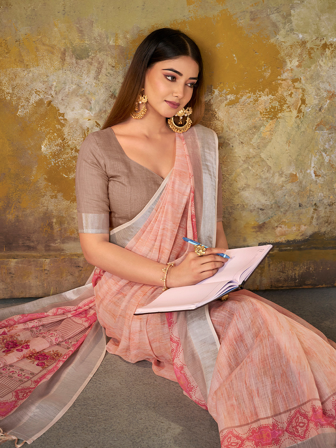 Premium Digital Print Saree with soft peach color