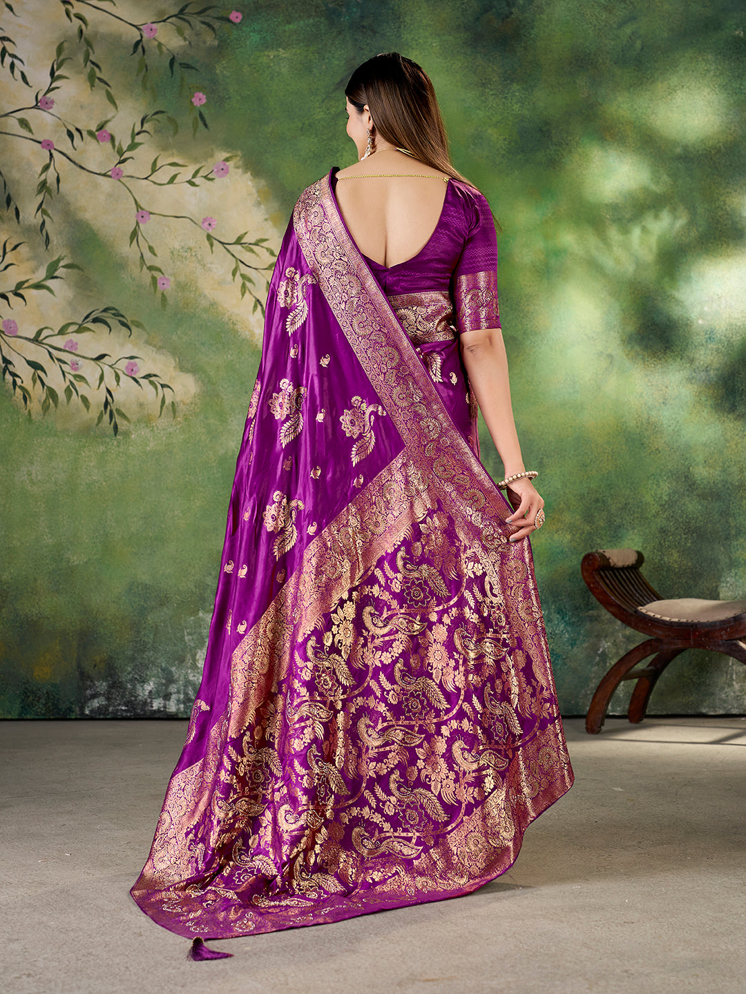 Purple Banarasi Style Jacquard Zari Woven Silk Saree with Unstitched Blouse (6.30 m)