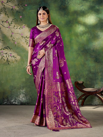 Purple Banarasi Style Jacquard Zari Woven Silk Saree with Unstitched Blouse (6.30 m)