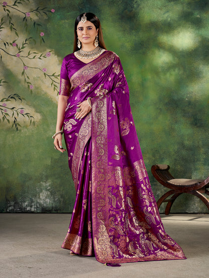 Purple Banarasi Style Jacquard Zari Woven Silk Saree with Unstitched Blouse (6.30 m)