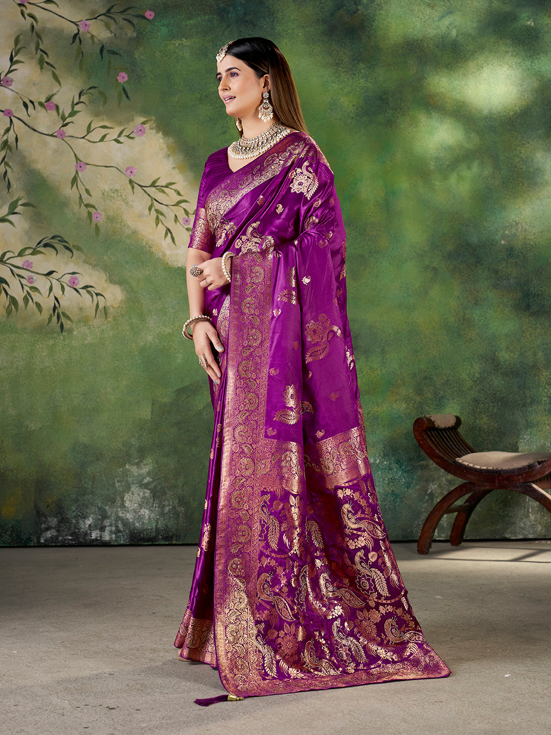 Purple Banarasi Style Jacquard Zari Woven Silk Saree with Unstitched Blouse (6.30 m)