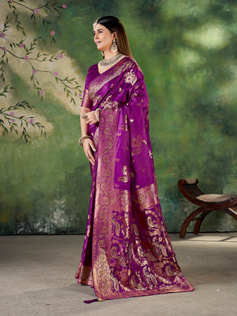 Purple Banarasi Style Jacquard Zari Woven Silk Saree with Unstitched Blouse (6.30 m)