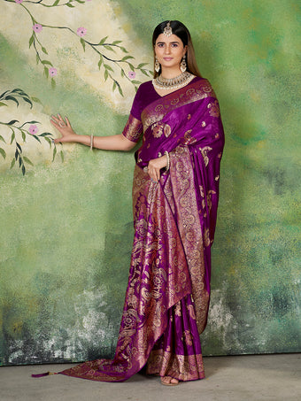 Purple Banarasi Style Jacquard Zari Woven Silk Saree with Unstitched Blouse (6.30 m)