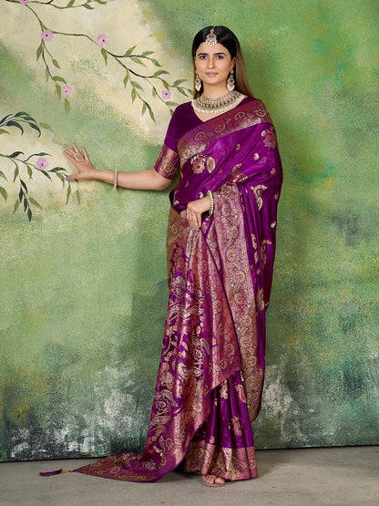 Purple Banarasi Style Jacquard Zari Woven Silk Saree with Unstitched Blouse (6.30 m)