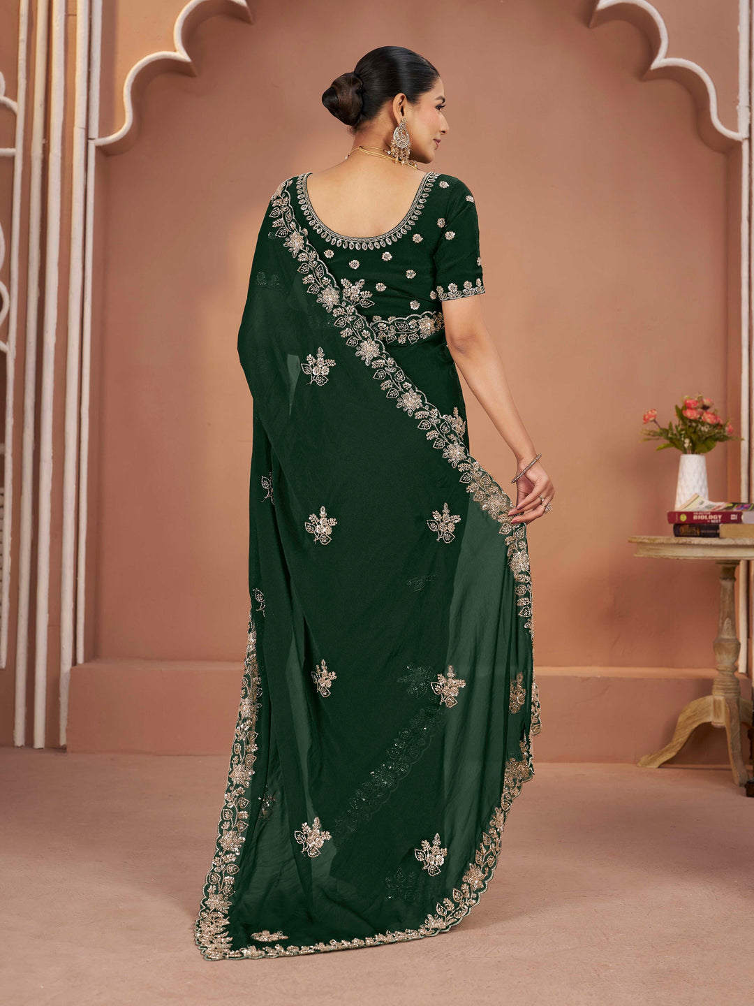 Dark Green Mosk Silk Saree with Full Beads Work With Unstiched Blouse