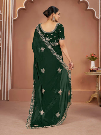 Dark Green Mosk Silk Saree with Full Beads Work With Unstiched Blouse