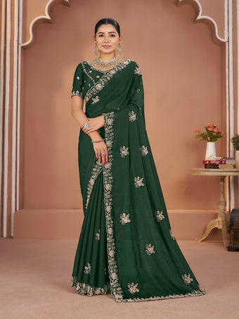 Dark Green Mosk Silk Saree with Full Beads Work With Unstiched Blouse
