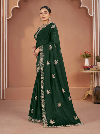 Dark Green Mosk Silk Saree with Full Beads Work With Unstiched Blouse