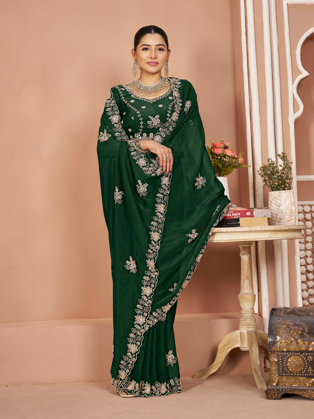 Dark Green Mosk Silk Saree with Full Beads Work With Unstiched Blouse