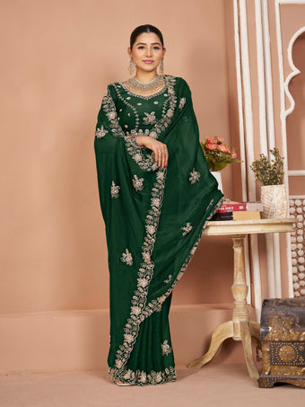 Dark Green Mosk Silk Saree with Full Beads Work With Unstiched Blouse