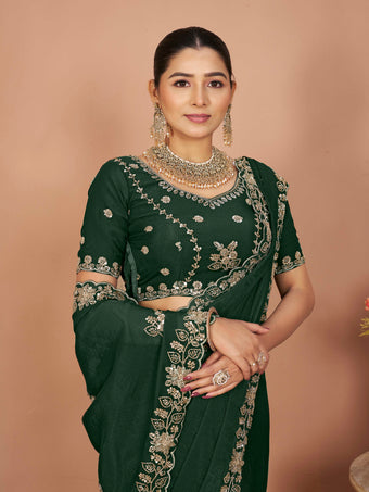 Dark Green Mosk Silk Saree with Full Beads Work With Unstiched Blouse