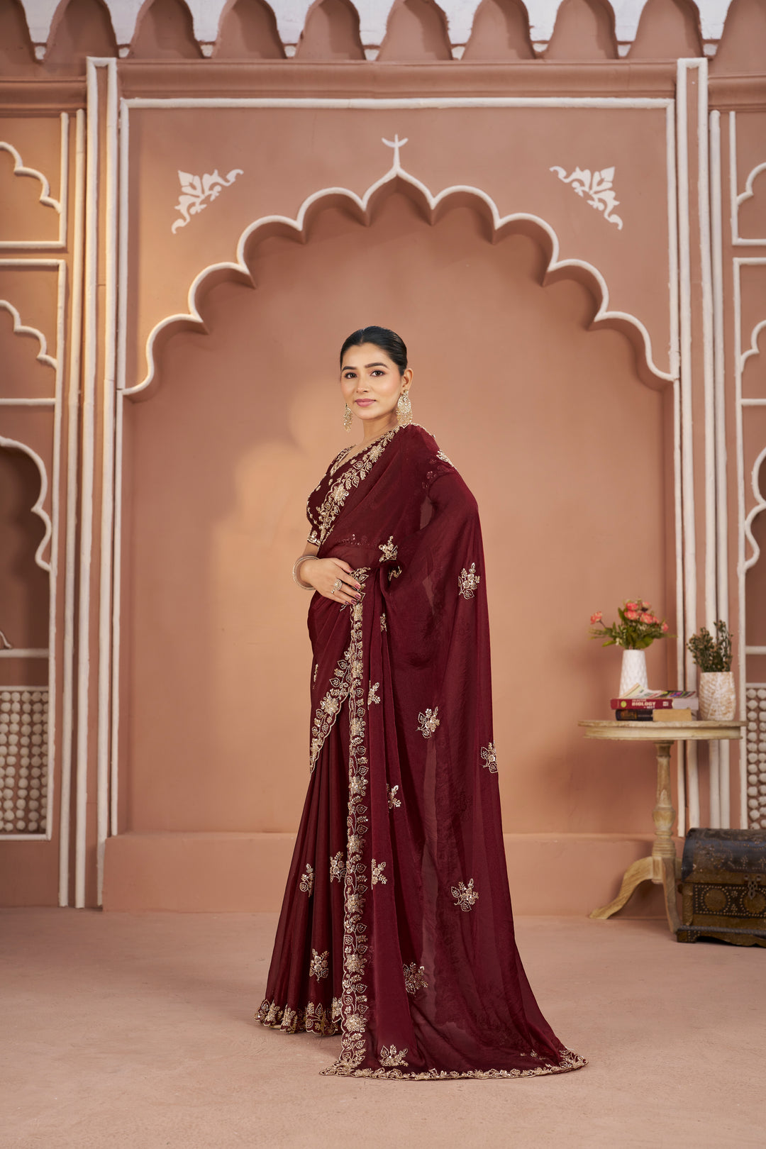 Mosk Silk Saree with Full Beads Work With Unstiched Blouse