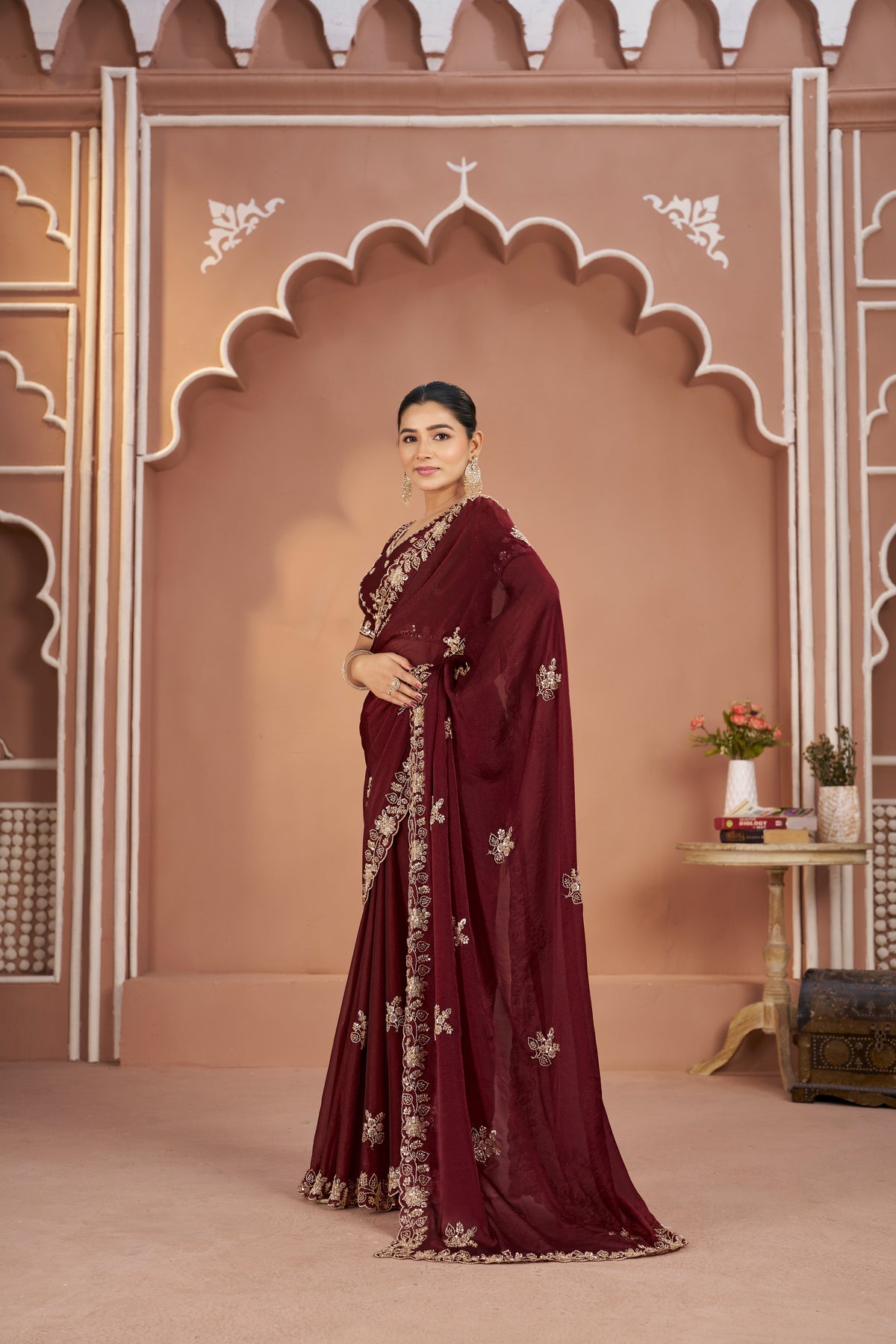 Mosk Silk Saree with Full Beads Work With Unstiched Blouse
