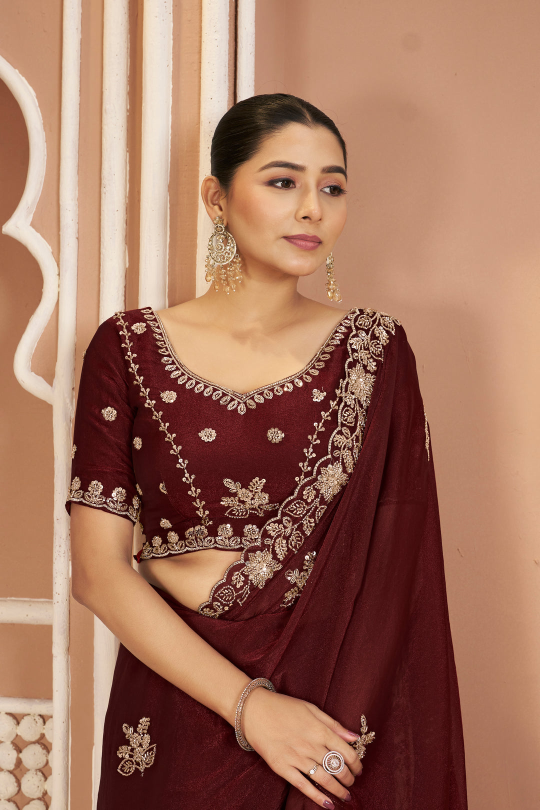 Mosk Silk Saree with Full Beads Work With Unstiched Blouse