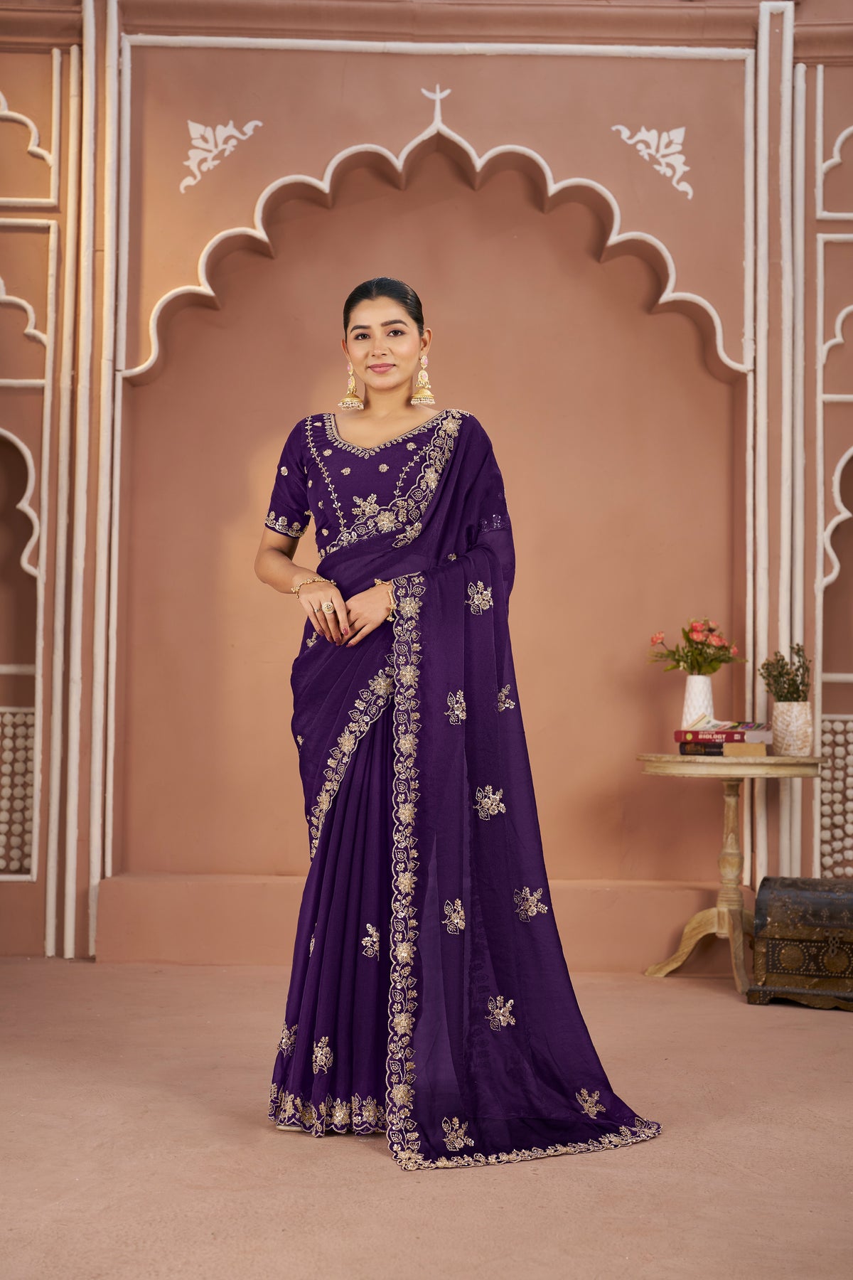 Mosk Silk Saree with Full Beads Work With Unstiched Blouse