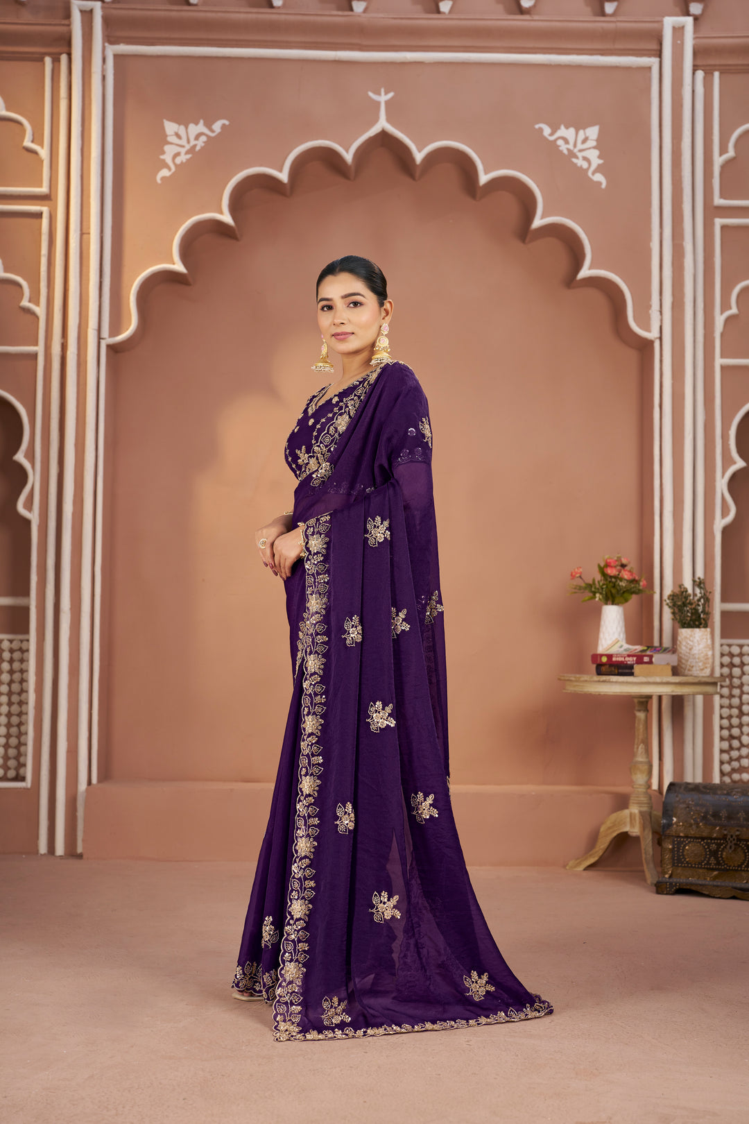 Mosk Silk Saree with Full Beads Work With Unstiched Blouse
