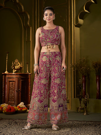 Wine Paisley Position Print with Embroidered Co-Ord Set with Cape Jacket | Festive Ethnic Three-Piece Outfit for Women
