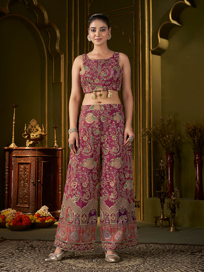 Wine Paisley Position Print with Embroidered Co-Ord Set with Cape Jacket | Festive Ethnic Three-Piece Outfit for Women