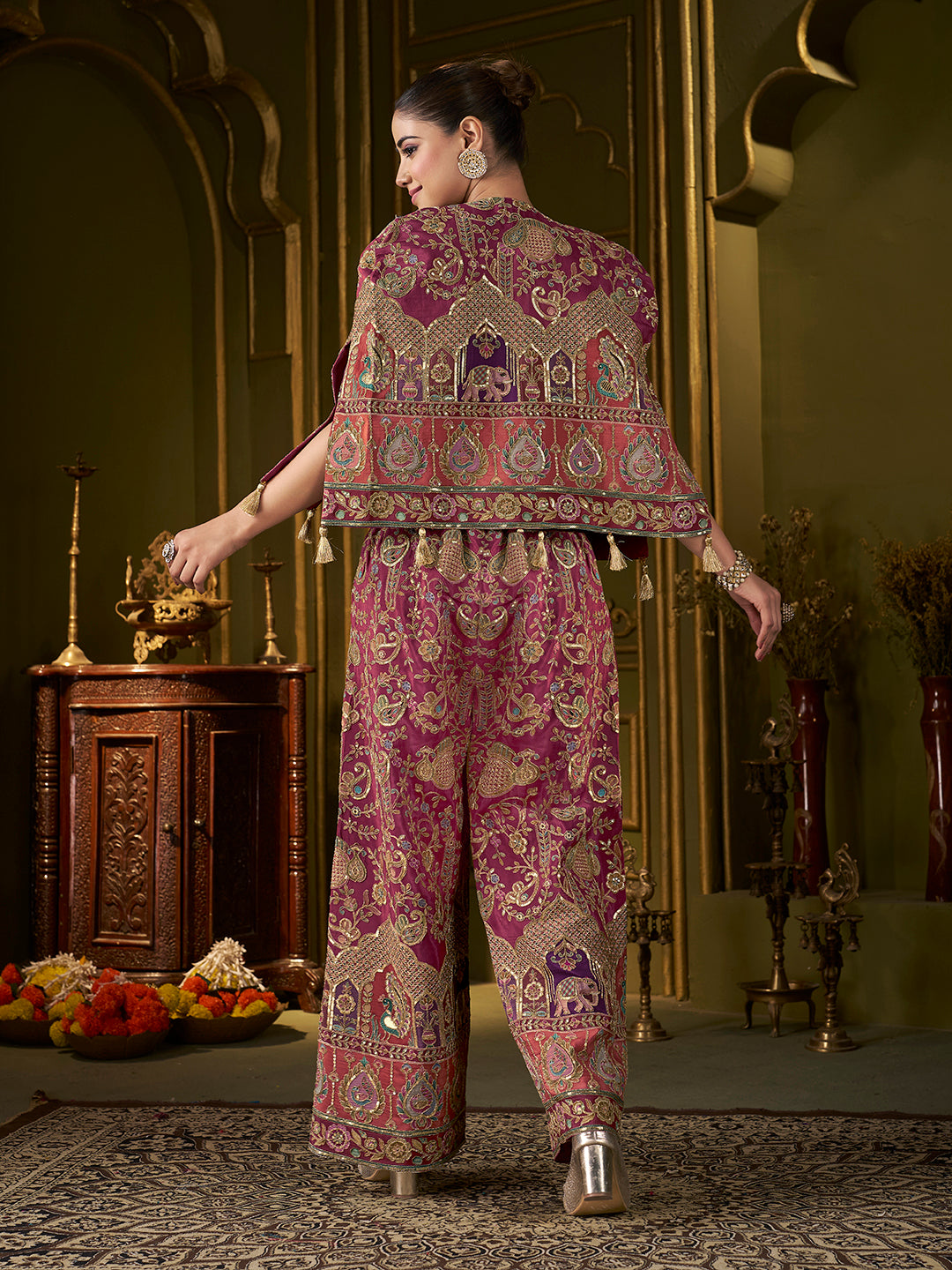 Wine Paisley Position Print with Embroidered Co-Ord Set with Cape Jacket | Festive Ethnic Three-Piece Outfit for Women