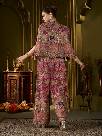 Wine Paisley Position Print with Embroidered Co-Ord Set with Cape Jacket | Festive Ethnic Three-Piece Outfit for Women