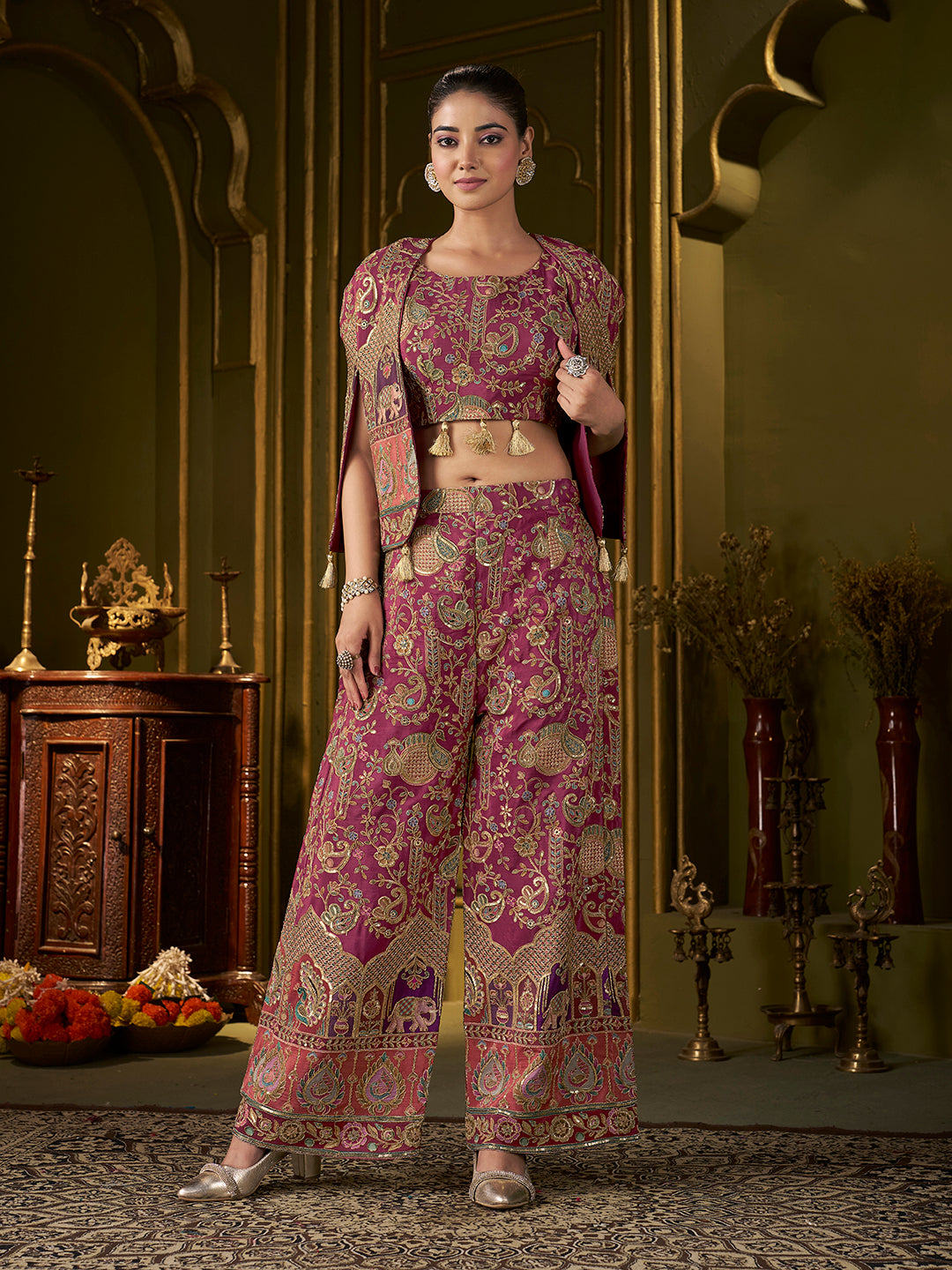 Wine Paisley Position Print with Embroidered Co-Ord Set with Cape Jacket | Festive Ethnic Three-Piece Outfit for Women