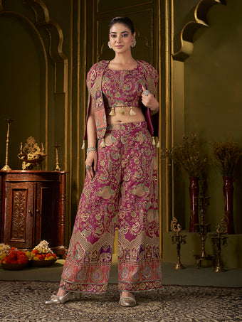 Wine Paisley Position Print with Embroidered Co-Ord Set with Cape Jacket | Festive Ethnic Three-Piece Outfit for Women