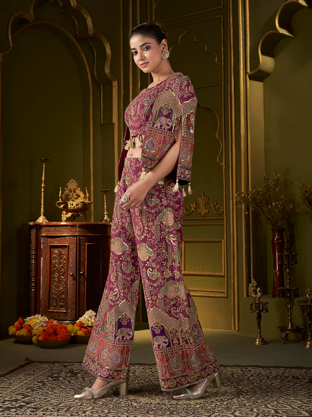 Wine Paisley Position Print with Embroidered Co-Ord Set with Cape Jacket | Festive Ethnic Three-Piece Outfit for Women