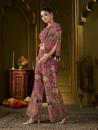 Wine Paisley Position Print with Embroidered Co-Ord Set with Cape Jacket | Festive Ethnic Three-Piece Outfit for Women