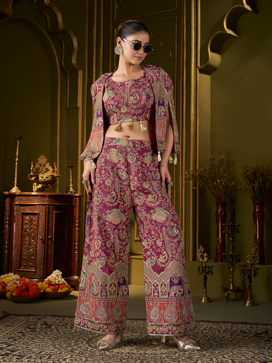 Wine Paisley Position Print with Embroidered Co-Ord Set with Cape Jacket | Festive Ethnic Three-Piece Outfit for Women
