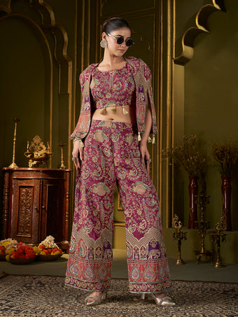 Wine Paisley Position Print with Embroidered Co-Ord Set with Cape Jacket | Festive Ethnic Three-Piece Outfit for Women