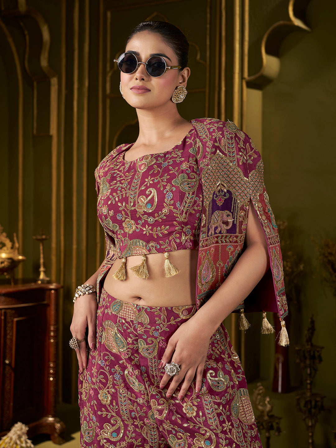 Wine Paisley Position Print with Embroidered Co-Ord Set with Cape Jacket | Festive Ethnic Three-Piece Outfit for Women