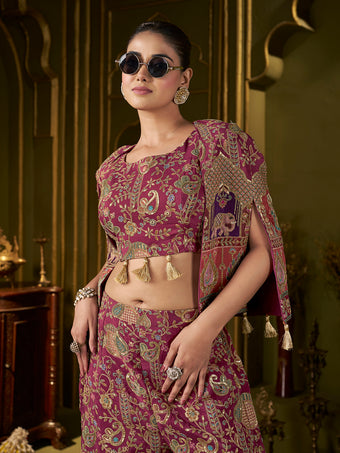 Wine Paisley Position Print with Embroidered Co-Ord Set with Cape Jacket | Festive Ethnic Three-Piece Outfit for Women