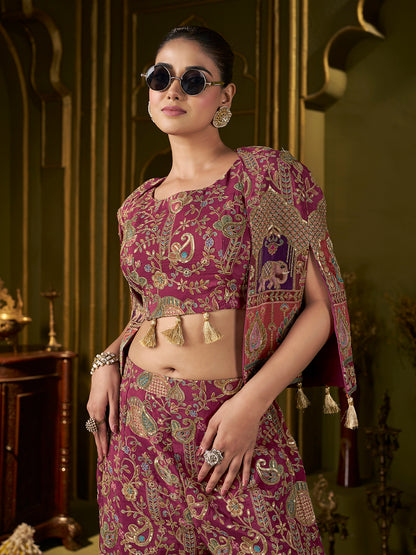 Wine Paisley Position Print with Embroidered Co-Ord Set with Cape Jacket | Festive Ethnic Three-Piece Outfit for Women