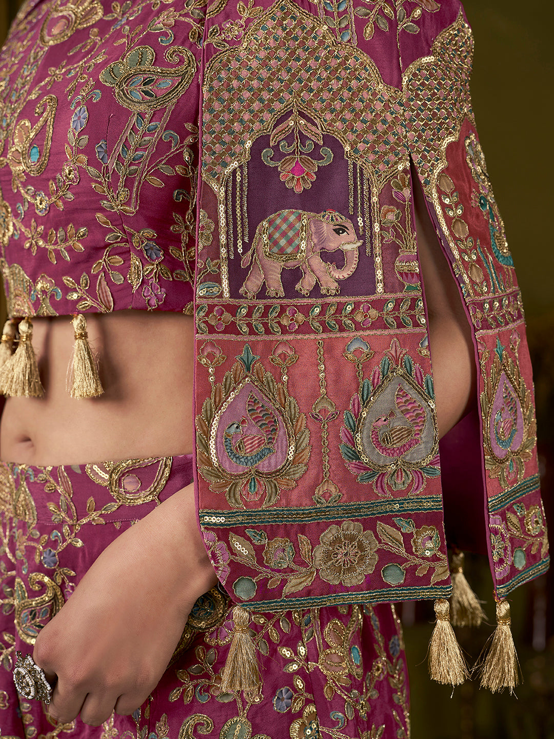 Wine Paisley Position Print with Embroidered Co-Ord Set with Cape Jacket | Festive Ethnic Three-Piece Outfit for Women