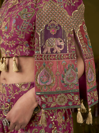 Wine Paisley Position Print with Embroidered Co-Ord Set with Cape Jacket | Festive Ethnic Three-Piece Outfit for Women