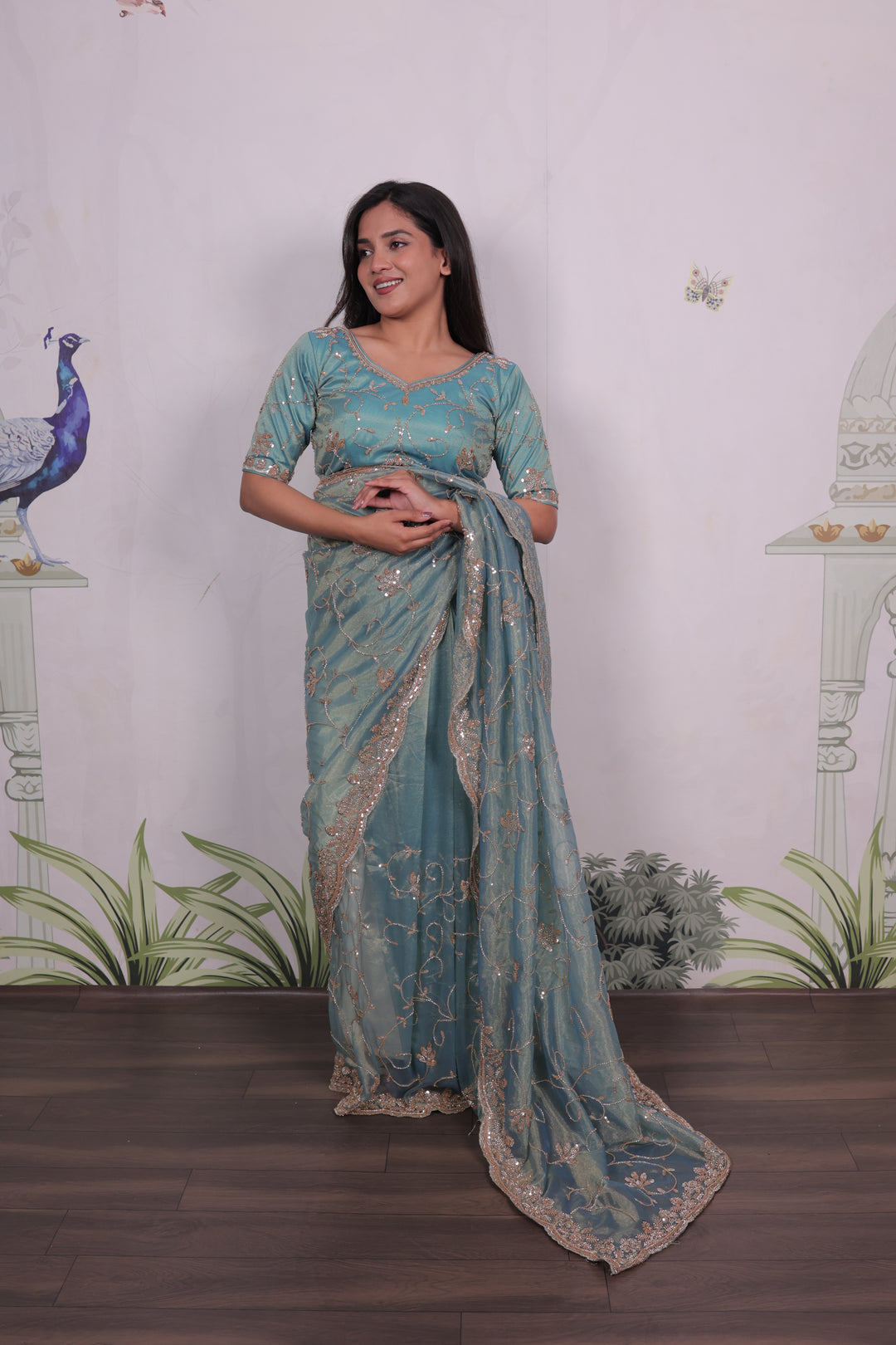 salsa silk saree with embroidery beads and sequence work