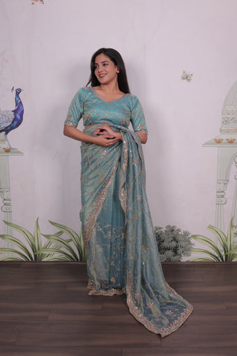 salsa silk saree with embroidery beads and sequence work