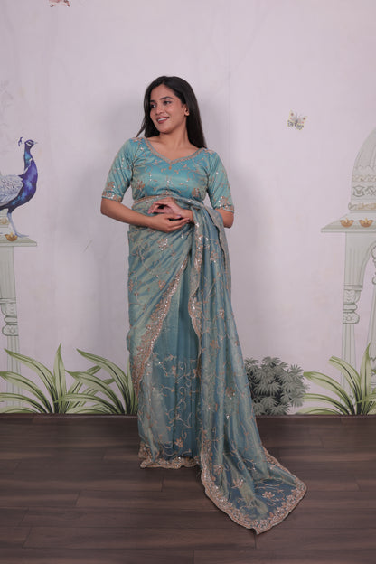 salsa silk saree with embroidery beads and sequence work