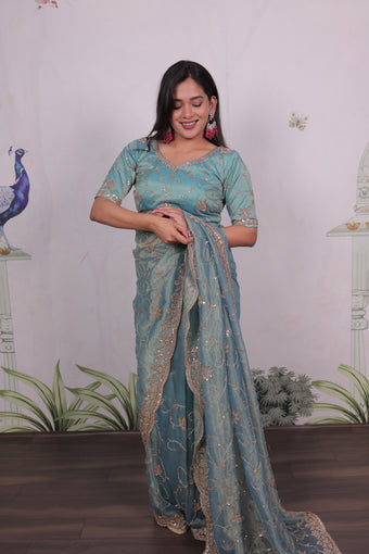 salsa silk saree with embroidery beads and sequence work