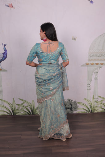 salsa silk saree with embroidery beads and sequence work