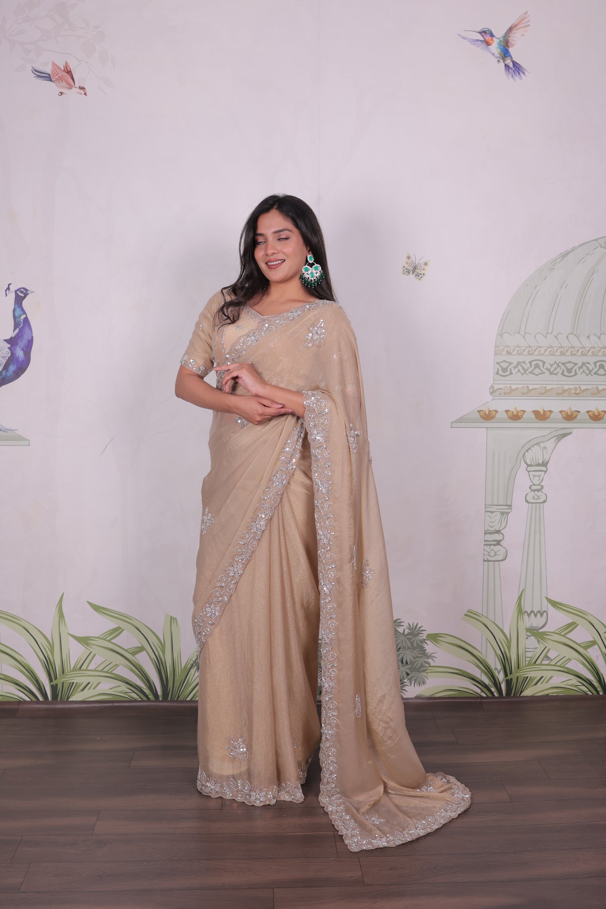 Mosk Silk Saree with Full Beads Work With Unstiched Blouse