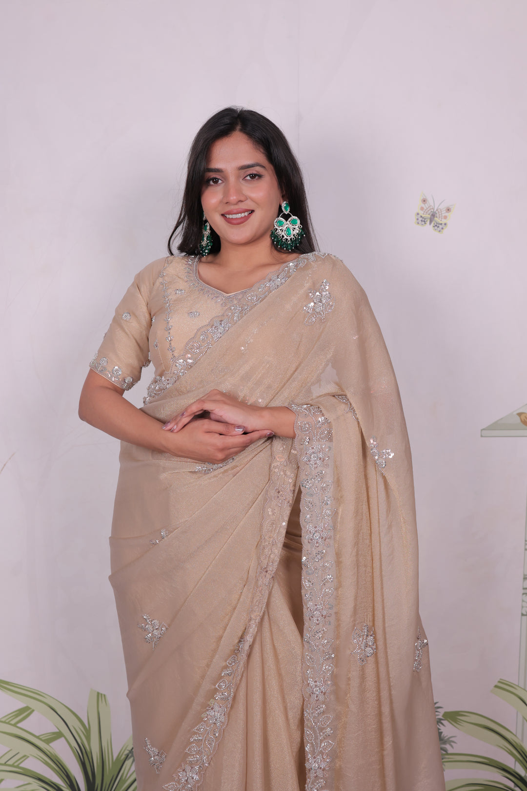 Mosk Silk Saree with Full Beads Work With Unstiched Blouse