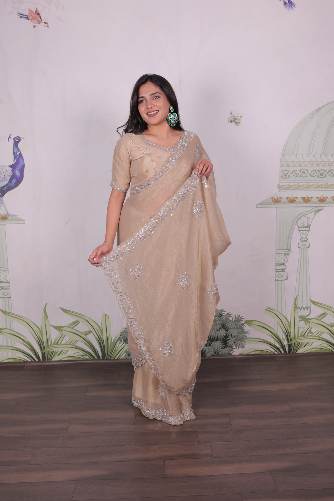 Mosk Silk Saree with Full Beads Work With Unstiched Blouse