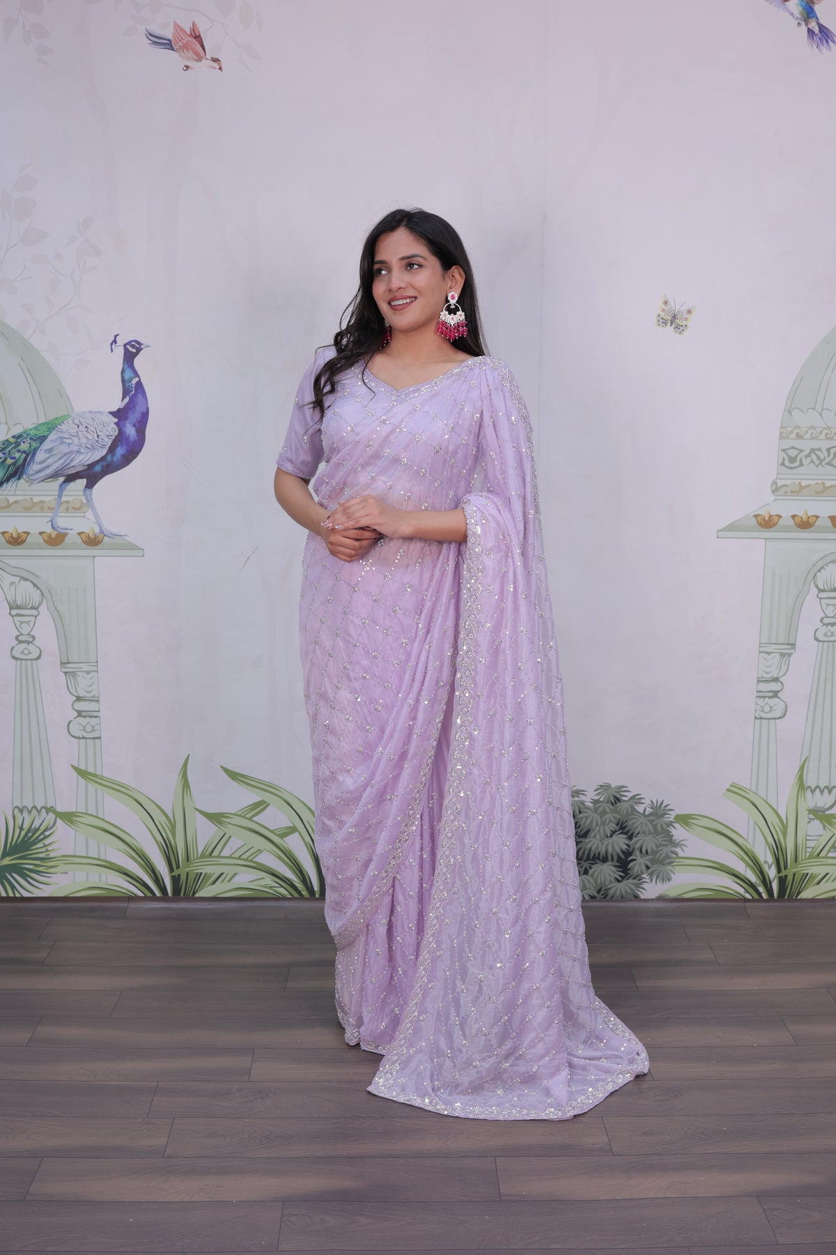 Lavender Saree with Beads & sequence embroidery work