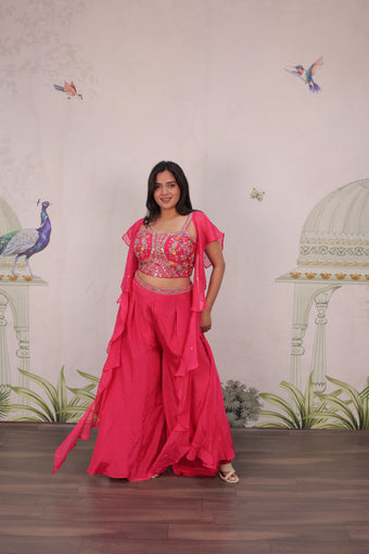 Exclusive Rani Silk Crop Top Palazzo Set With Neck Dupatta