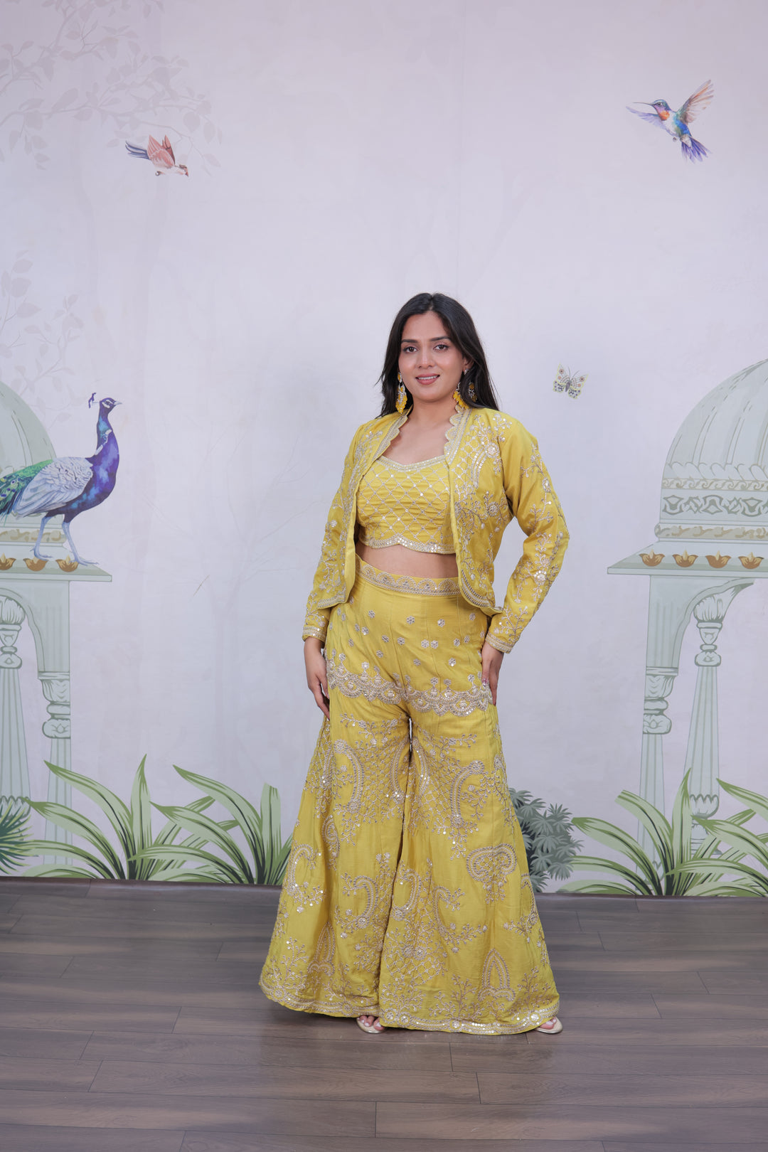 Mustard yellow silk jacket style palazzo suit