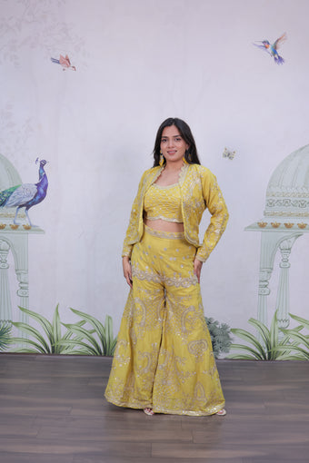 Mustard yellow silk jacket style palazzo suit