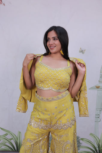 Mustard yellow silk jacket style palazzo suit